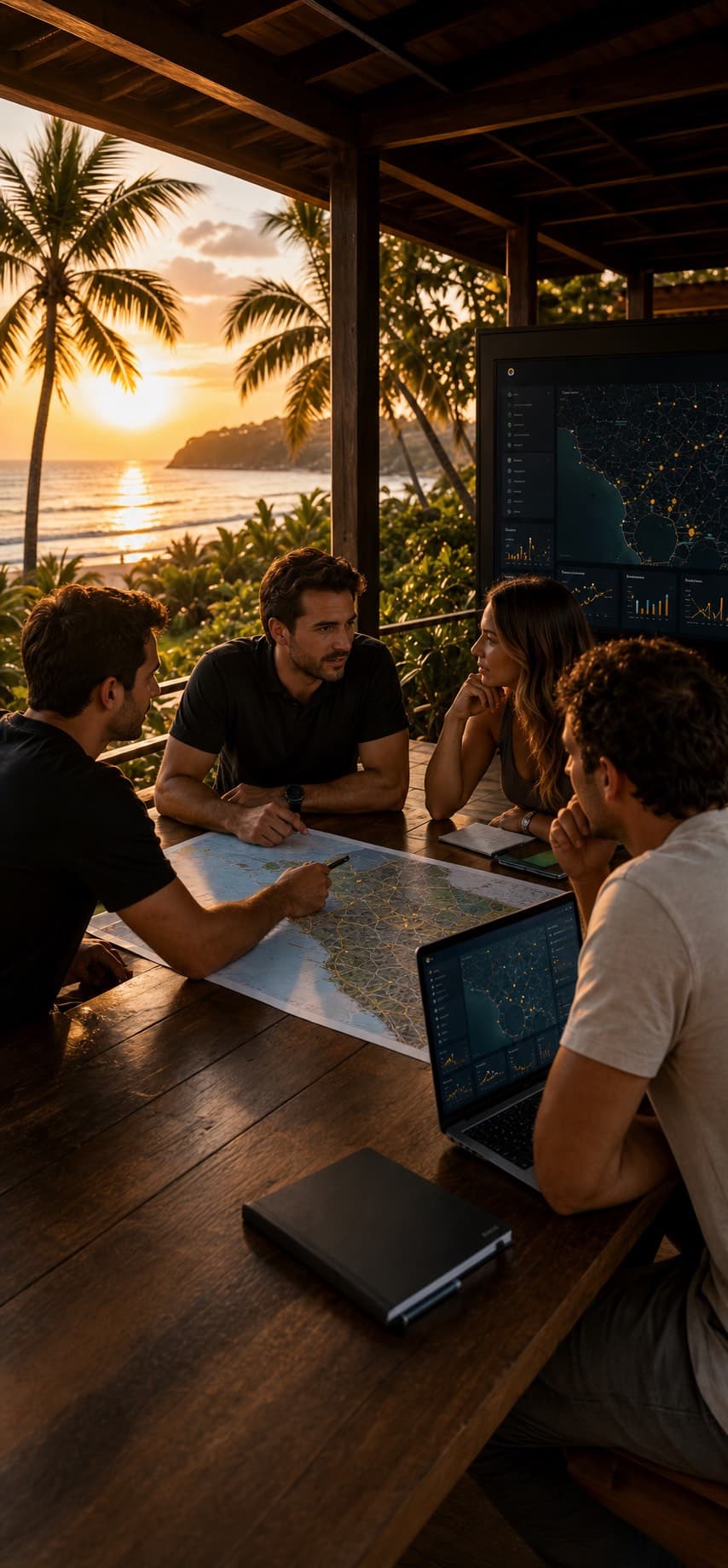 Socios locales de Bimba revisando un mapa de lanzamiento costero y dashboard operativo